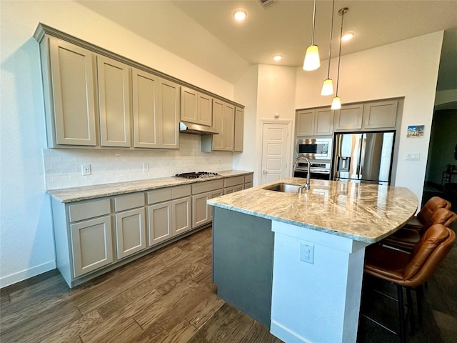 10029 Denali Dr, Little Elm, TX 75068 - kitchen featuring stainless steel appliances, gray cabinets, dark wood-style floors, tasteful backsplash, and a kitchen island with sink