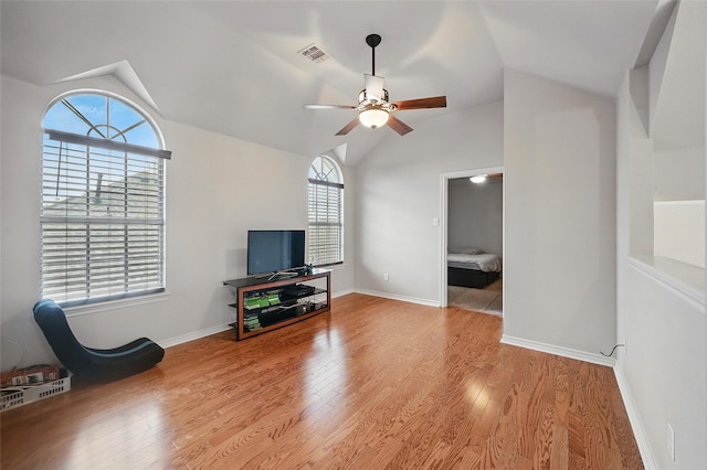 315 Hudson Falls Dr, Arlington, TX 76002 - living room featuring lofted ceiling, ceiling fan, and wood finished floors