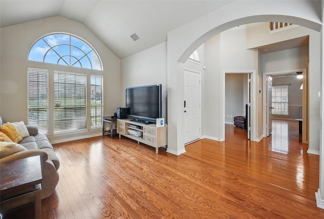 315 Hudson Falls Dr, Arlington, TX 76002 - living room featuring arched walkways, plenty of natural light, high vaulted ceiling, light wood-style floors, and baseboards