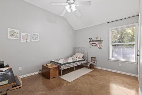 240 Lakeside Oaks Cir, Lakeside, TX 76135 - tiled bedroom with vaulted ceiling, baseboards, and ceiling fan