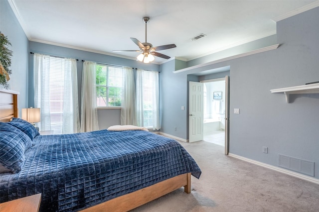 5909 La Cumbre Dr, Mckinney, TX 75072 - bedroom featuring ornamental molding, light colored carpet, baseboards, and ceiling fan