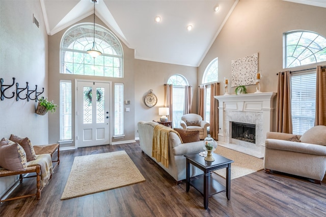 5909 La Cumbre Dr, Mckinney, TX 75072 - foyer entrance featuring high vaulted ceiling, a premium fireplace, baseboards, ornamental molding, and dark wood-style floors