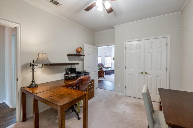 5909 La Cumbre Dr, Mckinney, TX 75072 - office featuring a ceiling fan, ornamental molding, baseboards, and light carpet