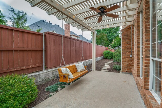 5909 La Cumbre Dr, Mckinney, TX 75072 - fenced backyard featuring ceiling fan, a patio area, and a pergola