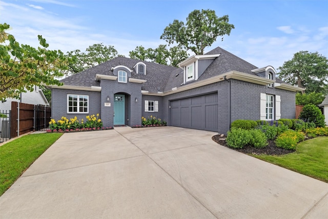 537 Sheer Bliss Ln, Fort Worth, TX 76114 - french country inspired facade featuring brick siding, concrete driveway, an attached garage, and a shingled roof