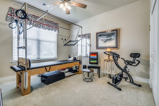9513 Windwood Ln, Denton, TX 76207 - workout area featuring carpet floors, a ceiling fan, and baseboards