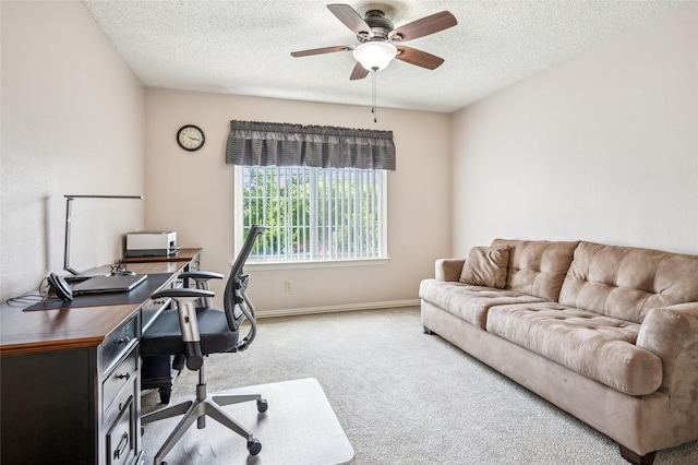 928 Rush Creek Rd, Keller, TX 76248 - home office featuring light carpet, a ceiling fan, a textured ceiling, and baseboards