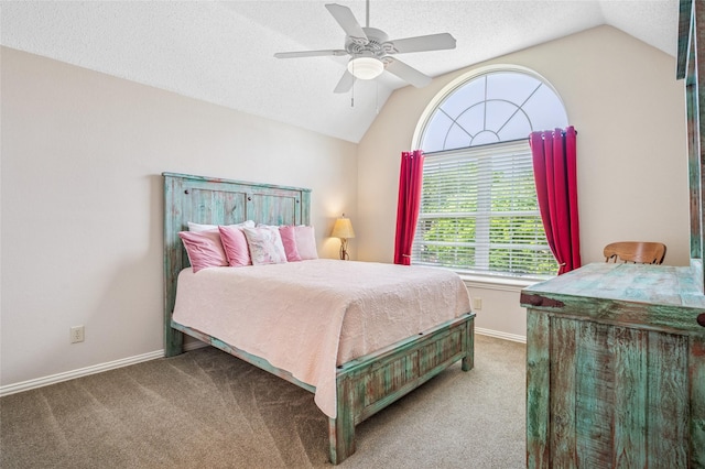 928 Rush Creek Rd, Keller, TX 76248 - carpeted bedroom with vaulted ceiling, ceiling fan, a textured ceiling, and baseboards