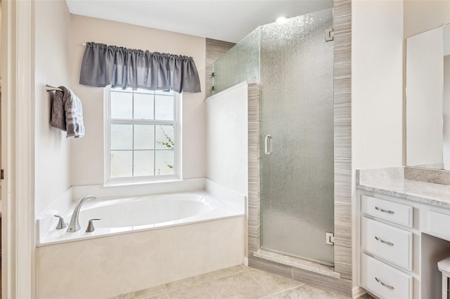 928 Rush Creek Rd, Keller, TX 76248 - full bathroom with a bath, a stall shower, vanity, and tile patterned flooring
