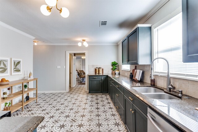 3913 Modlin Ave, Fort Worth, TX 76107 - kitchen with a sink, stainless steel dishwasher, crown molding, backsplash, and dark stone counters