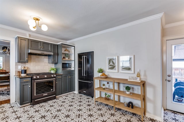 3913 Modlin Ave, Fort Worth, TX 76107 - kitchen featuring stainless steel appliances, under cabinet range hood, open shelves, tasteful backsplash, and ornamental molding