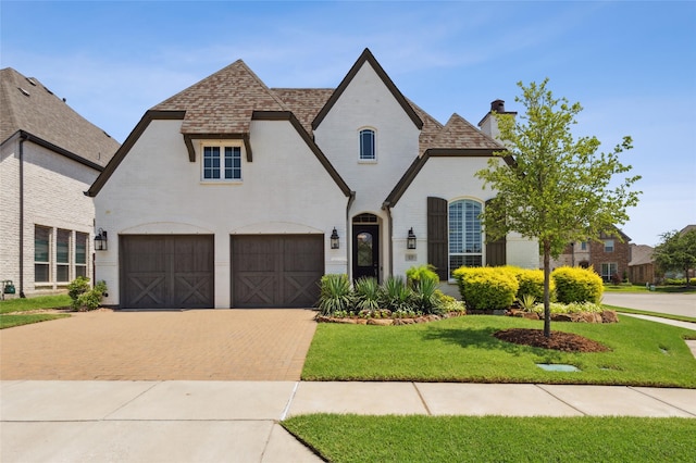 8229 Halifax, The Colony, TX 75056 - french country home featuring decorative driveway, a front yard, an attached garage, brick siding, and a chimney