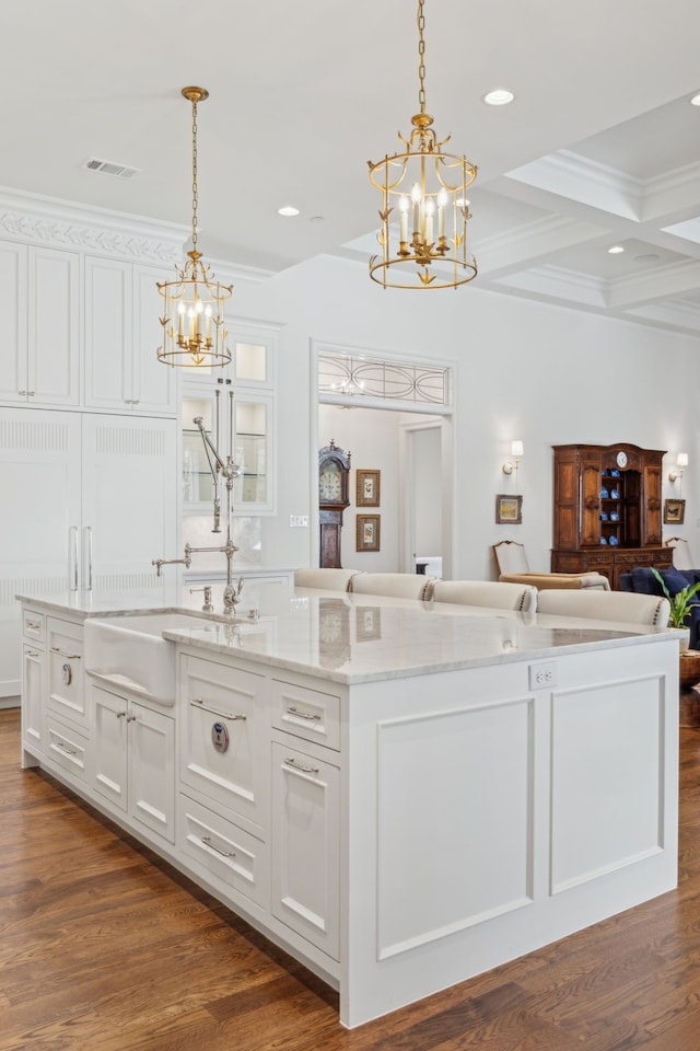 1481 Post Oak Trl, Southlake, TX 76092 - kitchen with a chandelier, white cabinets, recessed lighting, pendant lighting, and ornamental molding