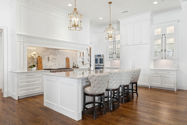 1481 Post Oak Trl, Southlake, TX 76092 - kitchen with a chandelier, tasteful backsplash, white cabinets, recessed lighting, and ornamental molding