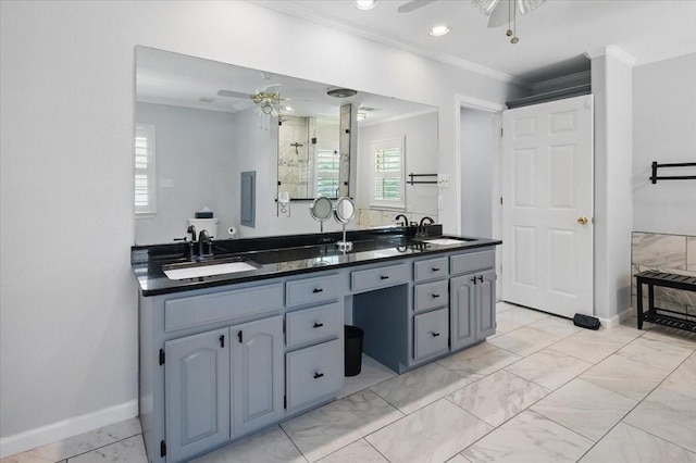 201 Wilson St, Whitesboro, TX 76273 - full bath featuring a ceiling fan, marble look tile flooring, double vanity, crown molding, and recessed lighting
