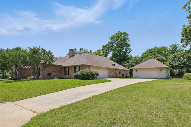 201 Wilson St, Whitesboro, TX 76273 - ranch-style home featuring a front lawn, brick siding, a chimney, and a garage
