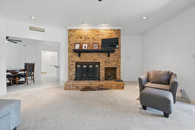 201 Wilson St, Whitesboro, TX 76273 - carpeted living room featuring crown molding, a brick fireplace, recessed lighting, and ceiling fan