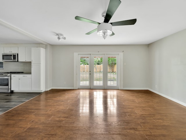 13439 Challaburton, Farmers Branch, TX 75234 - unfurnished living room featuring ceiling fan, baseboards, and dark wood-style floors