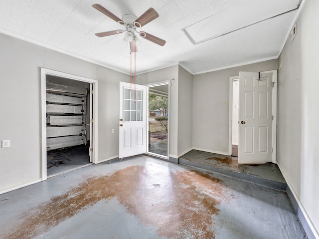 13439 Challaburton, Farmers Branch, TX 75234 - unfurnished bedroom with concrete floors, baseboards, a ceiling fan, and ornamental molding