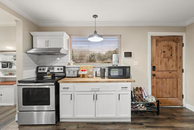 3200 Haltom Rd, Haltom City, TX 76117 - kitchen with black microwave, under cabinet range hood, stainless steel electric range, butcher block counters, and dark wood finished floors