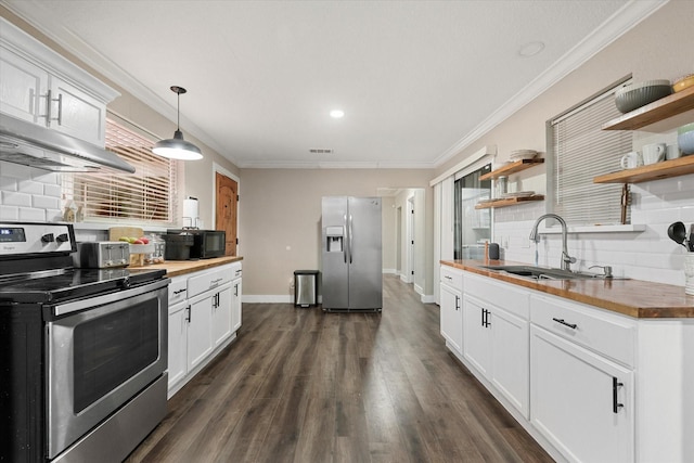 3200 Haltom Rd, Haltom City, TX 76117 - kitchen with stainless steel appliances, wood counters, open shelves, a sink, and ornamental molding