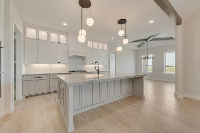 160 Maci Dr, Waxahachie, TX 75167 - kitchen with backsplash, beamed ceiling, recessed lighting, custom exhaust hood, and light stone counters