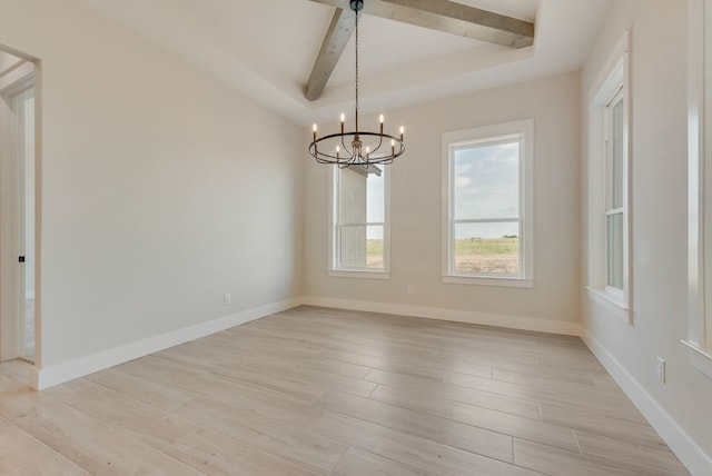 160 Maci Dr, Waxahachie, TX 75167 - spare room featuring a chandelier, light wood finished floors, beam ceiling, baseboards, and a tray ceiling