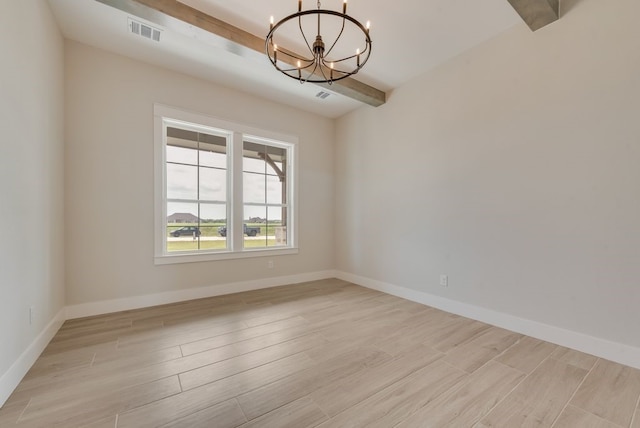 160 Maci Dr, Waxahachie, TX 75167 - unfurnished room featuring a chandelier, light wood-style flooring, beamed ceiling, and baseboards