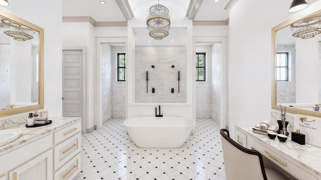 13059 Overview Ct, Whitney, TX 76692 - bathroom featuring healthy amount of natural light, a walk in shower, vanity, and a soaking tub