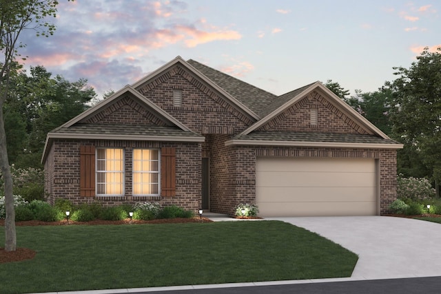 3154 Teasel Trl, Prairie Ridge, TX 76084 - view of front of house with brick siding, concrete driveway, a front lawn, a garage, and roof with shingles