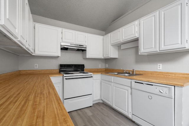 2526 Butterfield Dr, Fort Worth, TX 76133 - kitchen with white appliances, a sink, under cabinet range hood, white cabinets, and wooden counters