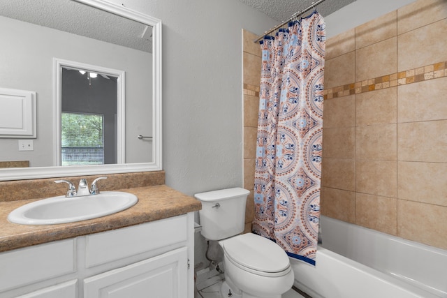 2526 Butterfield Dr, Fort Worth, TX 76133 - full bathroom with a textured ceiling, vanity, toilet, shower / bath combo with shower curtain, and a textured wall