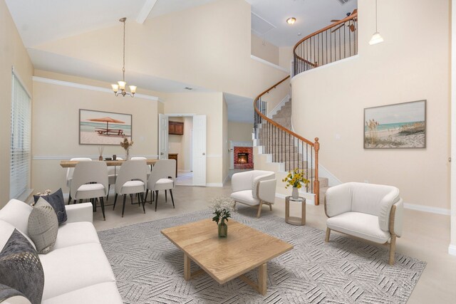 3010 Partridge Ln, Mckinney, TX 75072 - living area featuring high vaulted ceiling, stairway, a chandelier, and beam ceiling