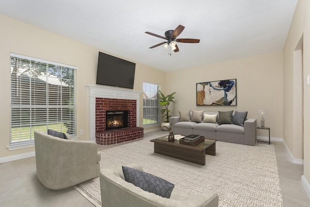 3010 Partridge Ln, Mckinney, TX 75072 - living room with ceiling fan, healthy amount of natural light, and a brick fireplace
