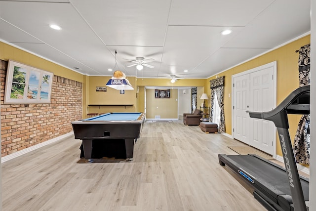1407 S Alamo Rd, Rockwall, TX 75087 - recreation room featuring billiards table, wood finished floors, brick wall, baseboards, and a ceiling fan