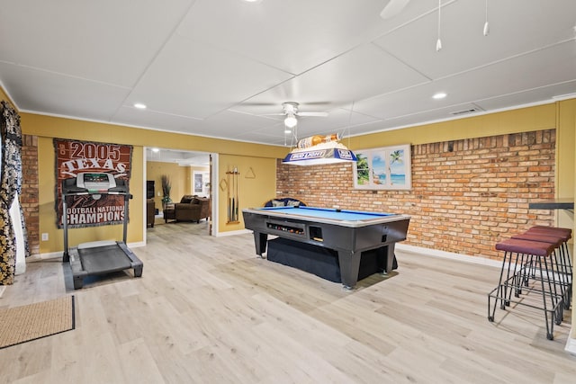 1407 S Alamo Rd, Rockwall, TX 75087 - game room with ceiling fan, brick wall, wood finished floors, billiards table, and baseboards
