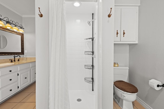1407 S Alamo Rd, Rockwall, TX 75087 - full bath with toilet, tiled shower, vanity, crown molding, and tile patterned flooring