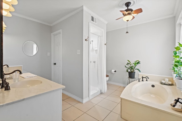 1407 S Alamo Rd, Rockwall, TX 75087 - full bathroom with a stall shower, tile patterned floors, a bath, double vanity, and crown molding