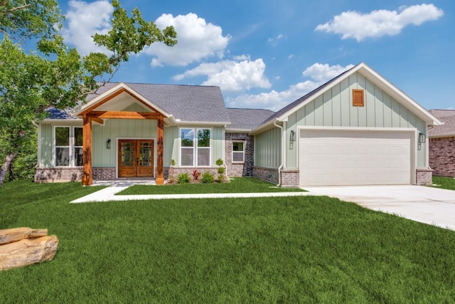 101 Jim Walters Dr, Runaway Bay, TX 76426 - view of front facade featuring french doors, brick siding, board and batten siding, and a garage
