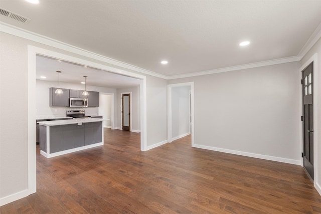 1024 Tower St, Canton, TX 75103 - unfurnished living room featuring dark wood-type flooring, crown molding, baseboards, and recessed lighting