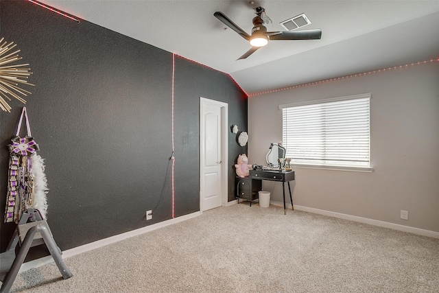 1112 Goldenrod Dr, Godley, TX 76044 - bedroom featuring lofted ceiling, carpet floors, baseboards, and ceiling fan