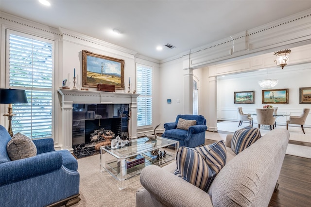7975 Caruth Ct, Dallas, TX 75225 - living area with wood finished floors, recessed lighting, a premium fireplace, and crown molding