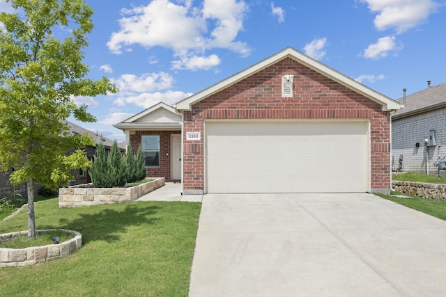 3350 Margay Run, Crandall, TX 75114 - ranch-style house featuring brick siding, concrete driveway, an attached garage, and a front yard