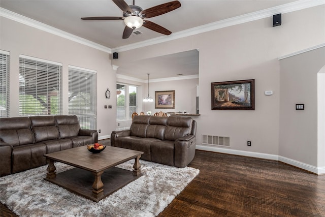 24 Shady Dale Ln, Rockwall, TX 75032 - living area featuring ceiling fan, baseboards, ornamental molding, and dark wood finished floors