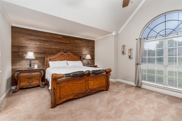 24 Shady Dale Ln, Rockwall, TX 75032 - bedroom with light colored carpet, wood walls, vaulted ceiling, ornamental molding, and baseboards