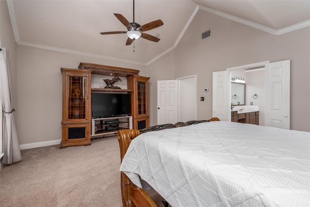 24 Shady Dale Ln, Rockwall, TX 75032 - bedroom with light colored carpet, high vaulted ceiling, baseboards, crown molding, and ensuite bath