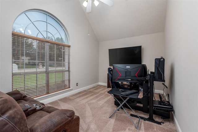 24 Shady Dale Ln, Rockwall, TX 75032 - carpeted office space featuring ceiling fan, baseboards, and lofted ceiling