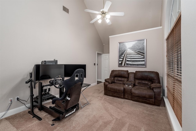 24 Shady Dale Ln, Rockwall, TX 75032 - carpeted office featuring high vaulted ceiling, ceiling fan, and baseboards