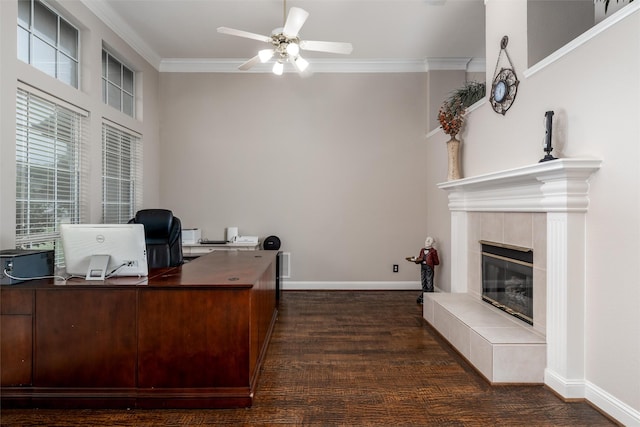 24 Shady Dale Ln, Rockwall, TX 75032 - office space with ceiling fan, dark wood-type flooring, ornamental molding, a tile fireplace, and baseboards
