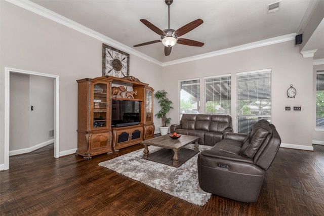 24 Shady Dale Ln, Rockwall, TX 75032 - living area featuring a ceiling fan, wood finished floors, ornamental molding, and baseboards